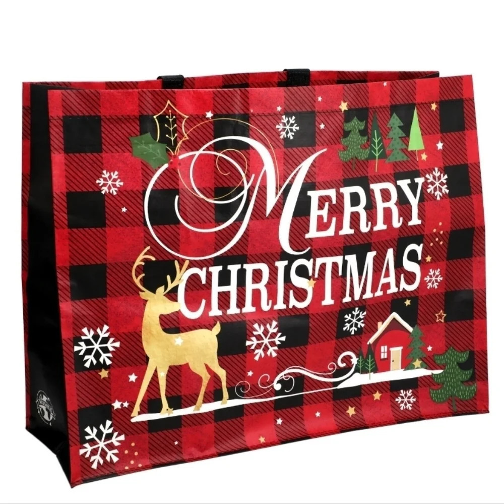New Christmas Woven Buffalo Plaid Tote Bag 17x13 - Picture 2 of 3